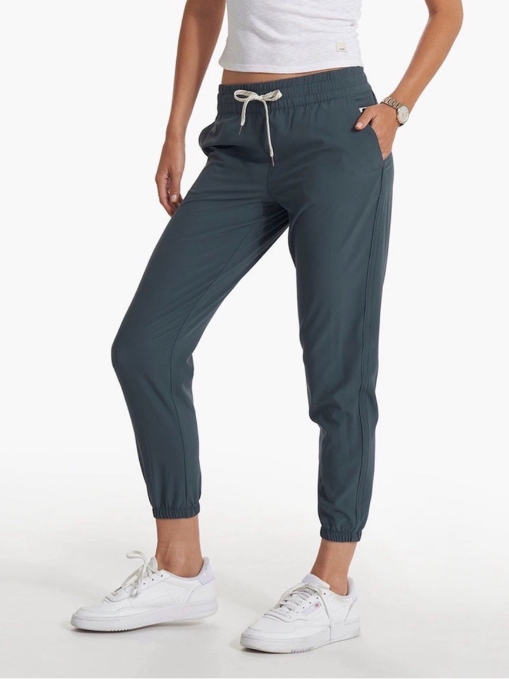 Vuori Women's Track Joggers in Slate Blue with Cream Drawstring - Picture 2 of 14